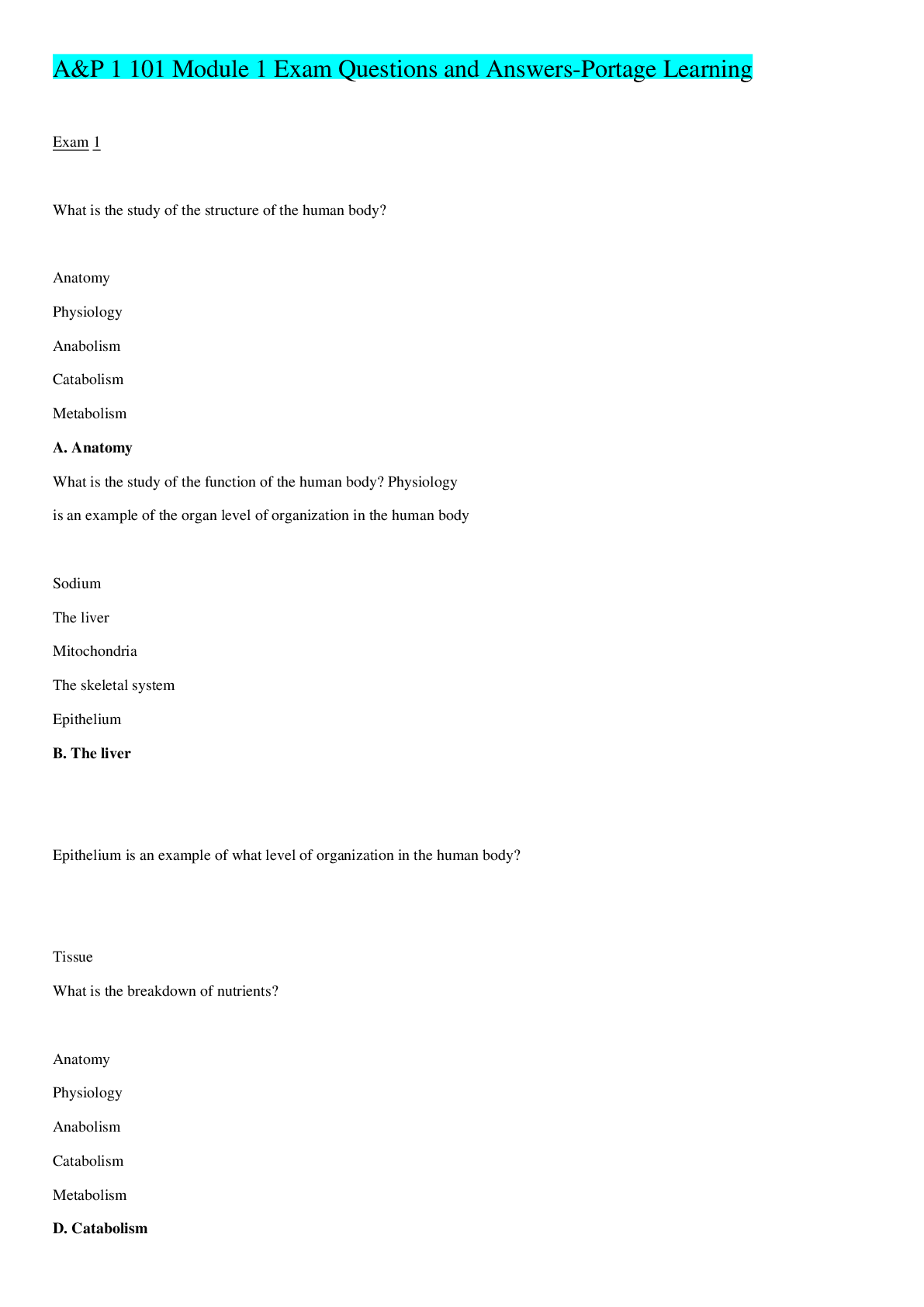 Preview image for A&P 1 101 Module 1 Exam Questions and Answers-Portage Learning